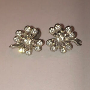 Vintage Silver Tone CZ Shamrock Four Leaf Clover Lucky Screw Back Earrings